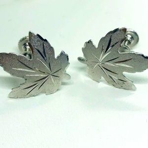 Silver, Sandblasted Etched Maple Leaf Screw Back Earrings